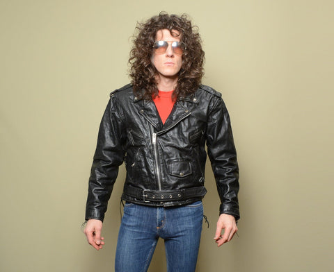 vintage 80s leather motorcycle jacket SHAF zip out thinsulate lining lace side vent action back 1980 men women unisex vintage L/XL 46