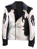 Handmade Men's Black& White Fashion Studded Stylish Leather Jacket