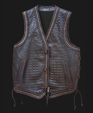 Gator embossed leather vest for bikers. 100% handcrafted vest. Braided. Colors available.