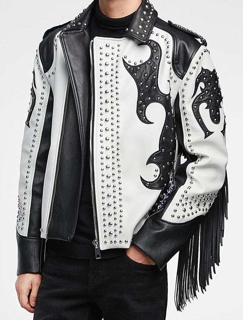 Handmade Men's Black& White Fashion Studded Stylish Leather Jacket