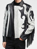 Handmade Men's Black& White Fashion Studded Stylish Leather Jacket