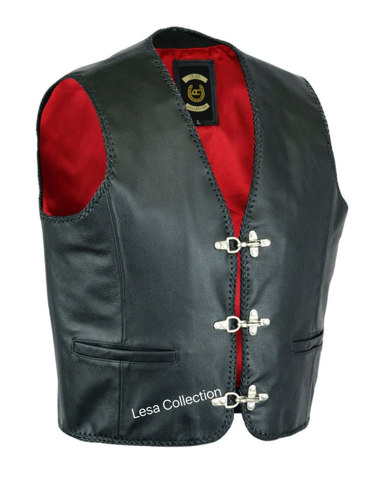 Mens Real Leather Waistcoat Biker Vest Braided With Fish Hook Buckles