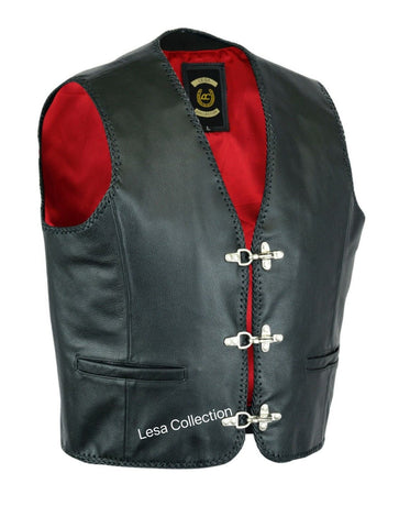 Mens Real Leather Waistcoat Biker Vest Braided With Fish Hook Buckles