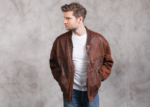 Vintage 70s Leather Bomber Jacket . 1970s Men Pilot Jacket Coat Flight Aviator Outerwear Jacket Men Clothing . size Large