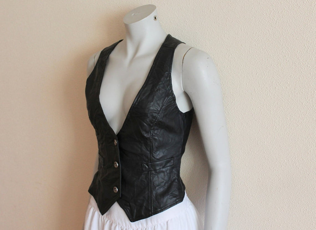 Black Faux Leather Vest Womens Biker Vest Sleevless Leather Top Vintage Vest Biker Motorcycle Womens Wear Goth Rocker Top Vest