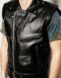 Men's Genuine Leather Cowhide Full Grain Biker Vest Waistcoat Sleeveless Jacket YKK Zipper