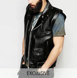 Men's Genuine Leather Cowhide Full Grain Biker Vest Waistcoat Sleeveless Jacket YKK Zipper