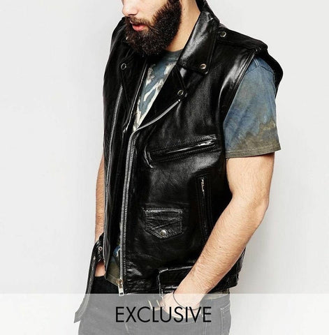 Men's Genuine Leather Cowhide Full Grain Biker Vest Waistcoat Sleeveless Jacket YKK Zipper