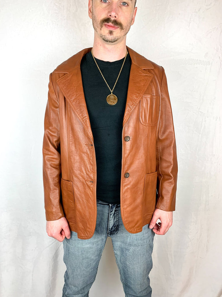 Leathers by New England 1960s Leather Blazer, Men's 70s Leather Blazer, 1960s Men's Leather Jacket, Vintage 60s Caramel Leather Blazer