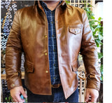 Genuine Leather Jacket Coat Brown Tan Button Up Men’s Leather Jacket