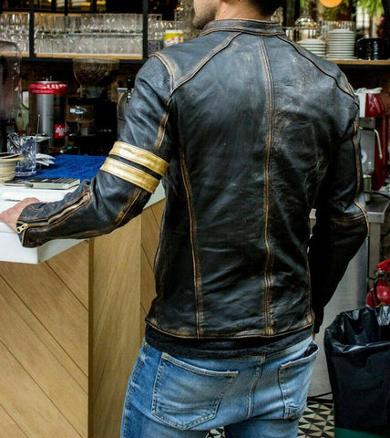 Men Vintage Brown Strip Arm Real Biker Motorcycle Men Leather Jacket