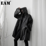[EAM] Loose Fit Black Brief Big Size Pu Leather Jacket New Hooded Long Sleeve Women Coat Fashion Spring Autumn 2020 19A-a585
