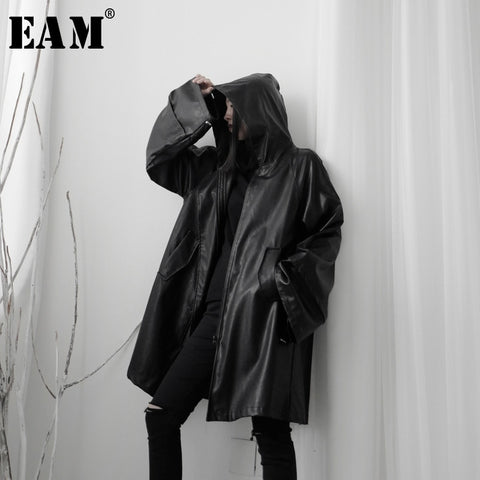 [EAM] Loose Fit Black Brief Big Size Pu Leather Jacket New Hooded Long Sleeve Women Coat Fashion Spring Autumn 2020 19A-a585