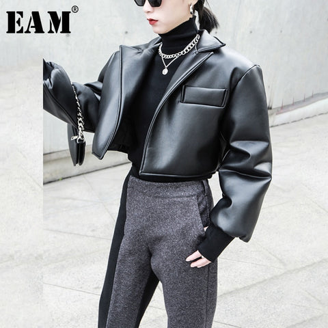 [EAM] Loose Fit Black Brief Pu Leather Big Size Thick Jacket New Lapel Long Sleeve Women Coat Fashion Tide Spring 2020 1N327