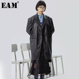 [EAM] Loose Fit Black Pu Leather Split Joint Long Jacket New Lapel Long Sleeve Women Coat Fashion Tide Spring 2020 1S981