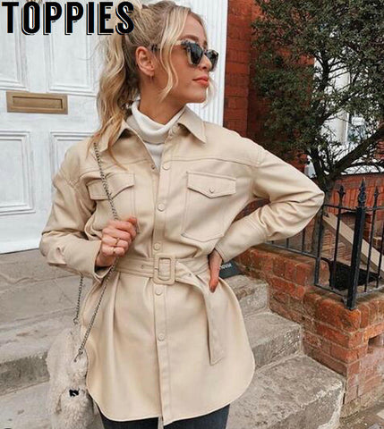 Toppies faux leather shirt jacket women long jacket coat 2020 spring oversized windbreaker woman streetwear