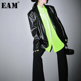 [EAM] Loose Fit Black Pu Leather Brief Big Size Jacket New Lapel Long Sleeve Women Coat Fashion Tide Spring Autumn 2020 1H072