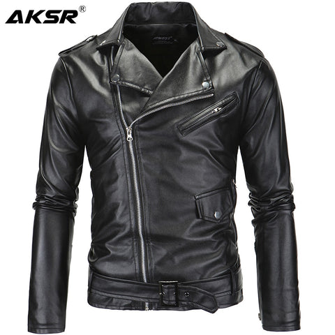 AKSR Men's Leather Jacket Stand Collar Cropped Diagonal Zipper Punk Style Casual Slim Jacket Faux Fur Coat Men Hot Size M-4XL